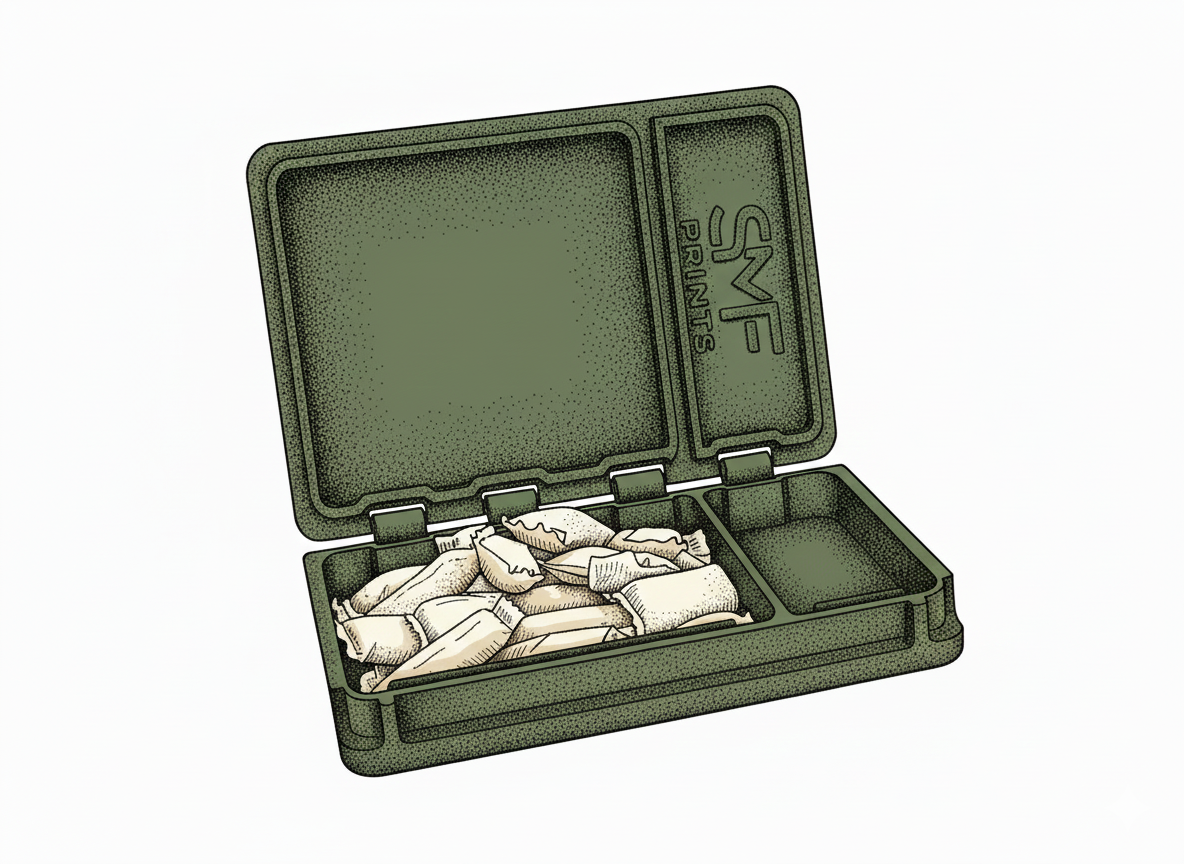 Green tackle box with white lures on a white background