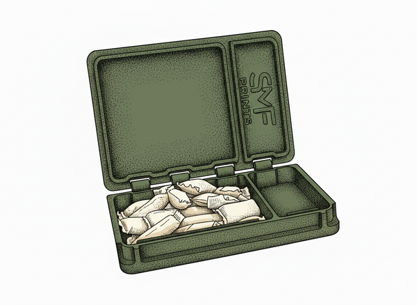 Green tackle box with white lures on a white background