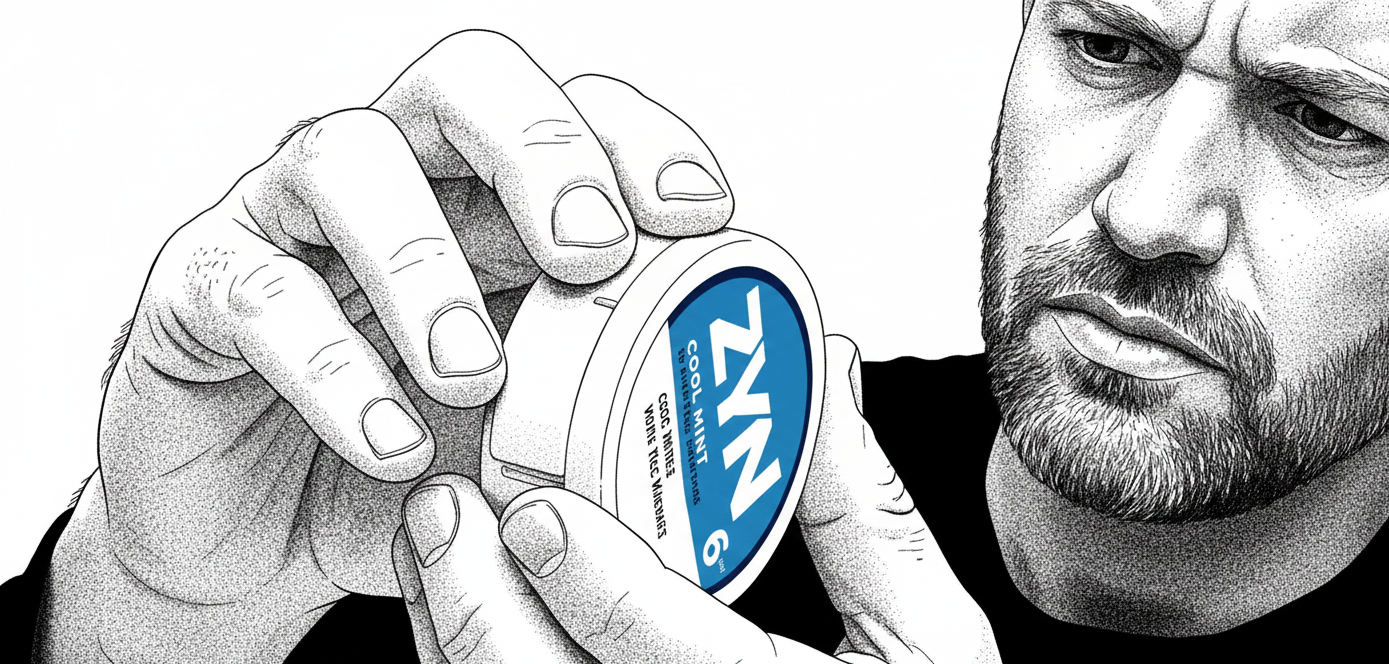 Man holding a ZYN product with a black and white illustration style
