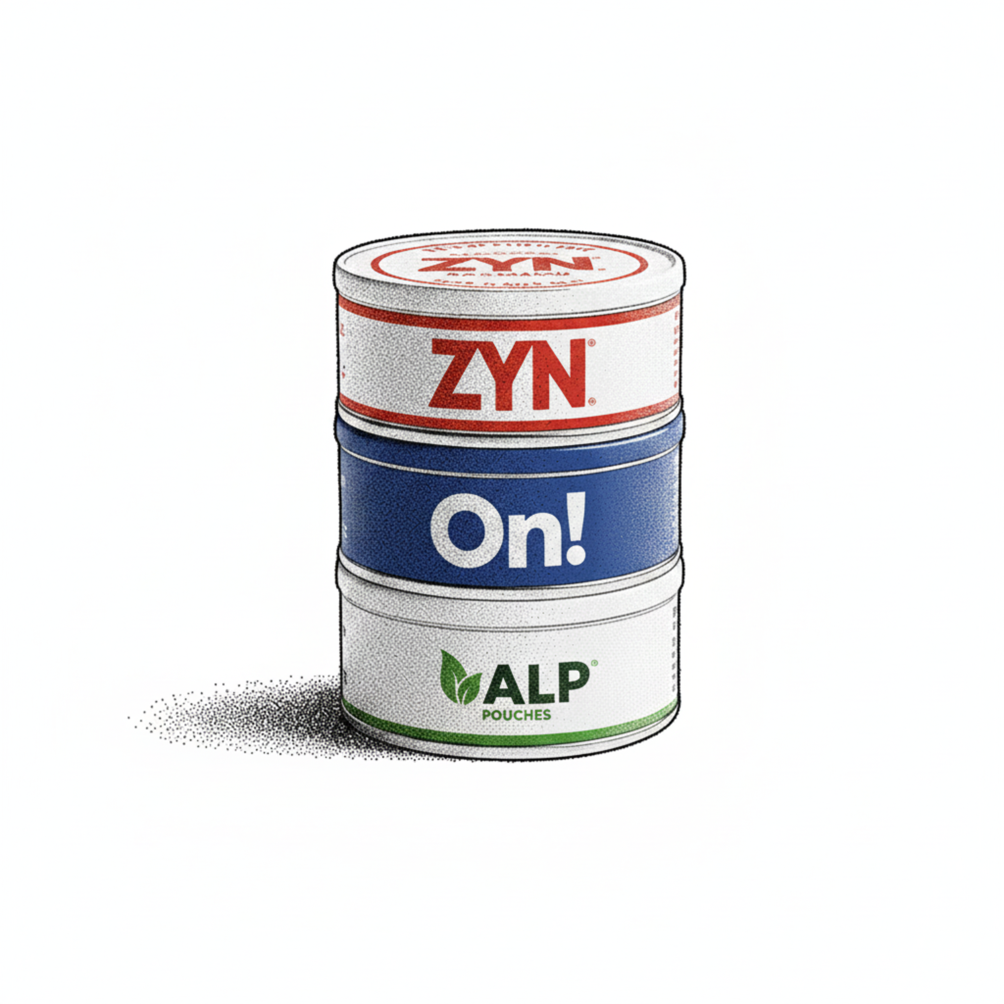 Three stacked cylindrical containers with ZYN, On!, and ALP branding on a white background.