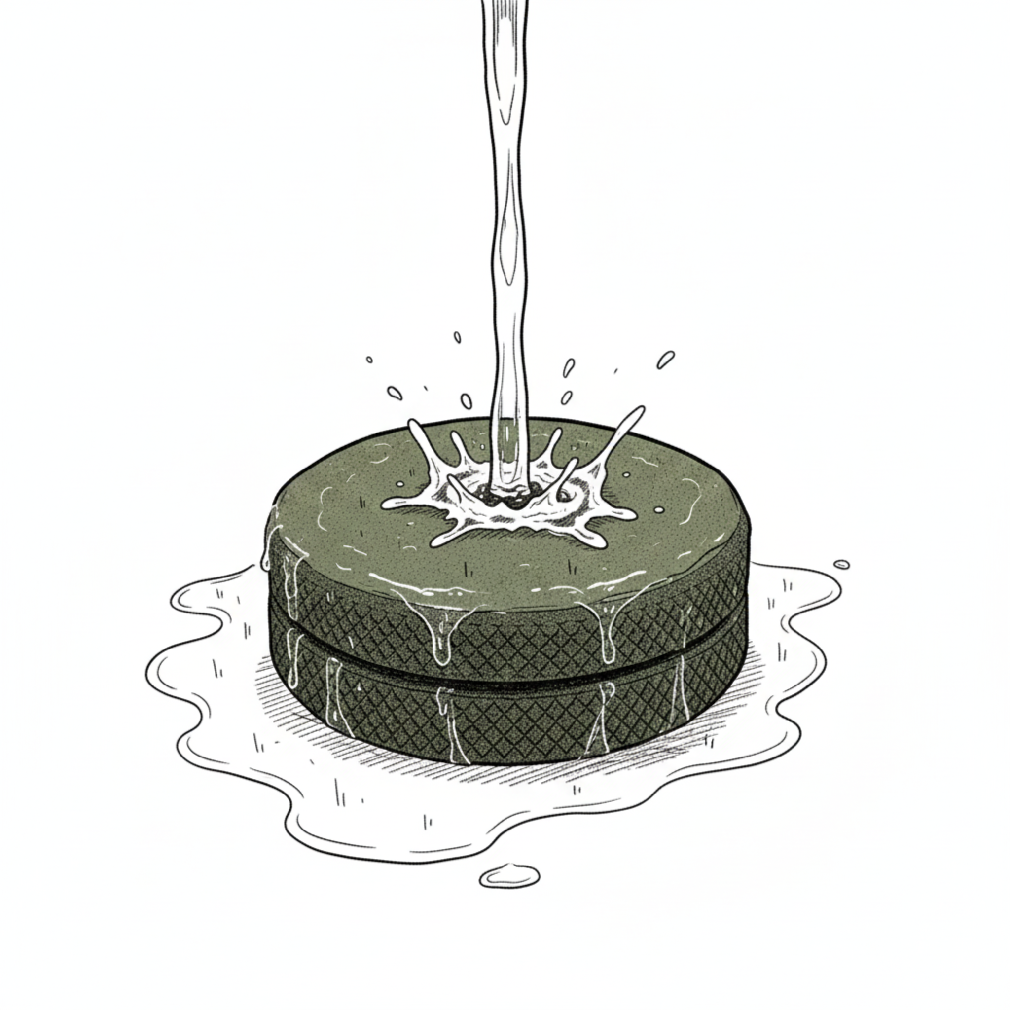 Illustration of water being poured onto a round, textured stone surface.
