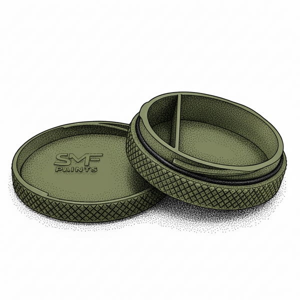 Green paint container with lid on white background