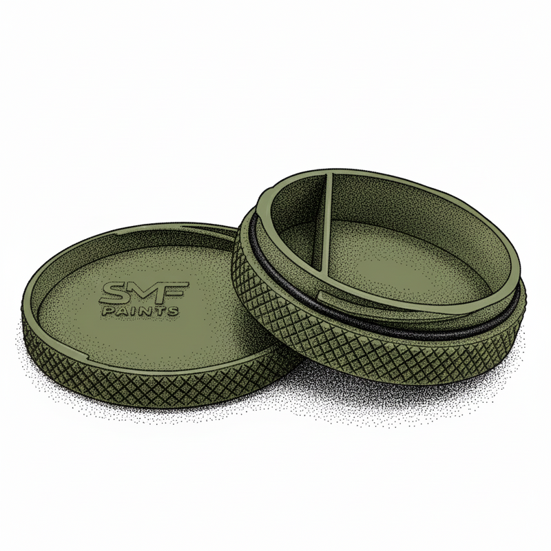 Green paint container with lid on white background